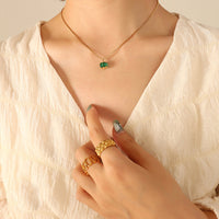 Titanium Steel Emerald Zircon Necklace Earrings Jewelry Set