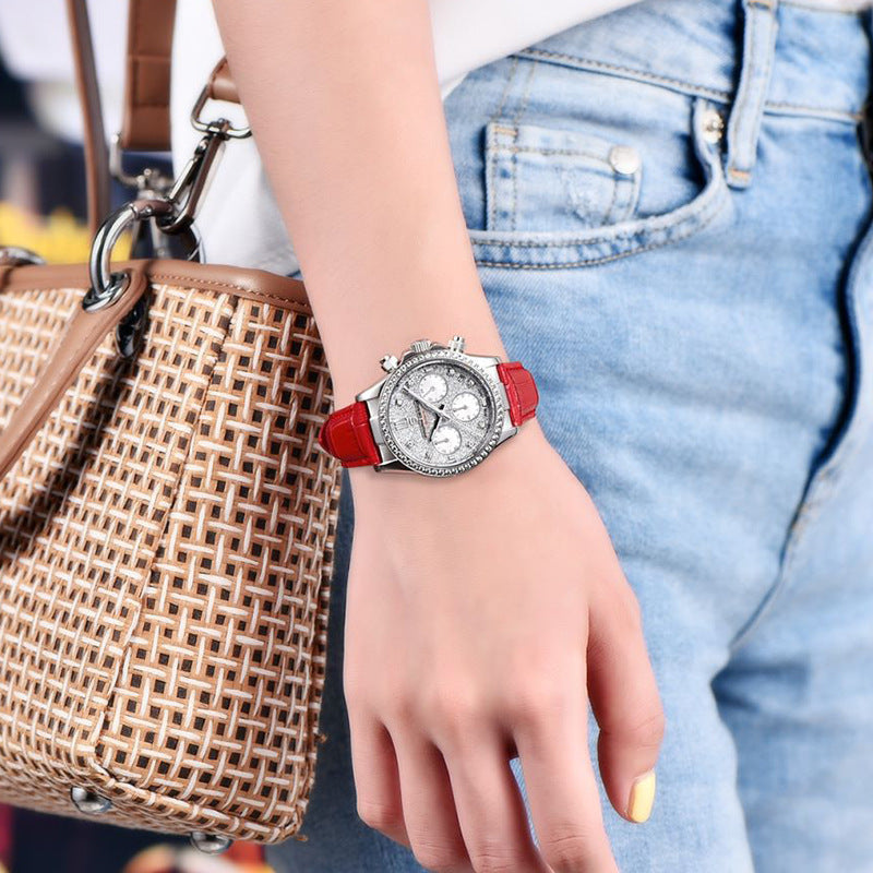 Women's Fashion Diamond Calendar Luminous Leather Strap Quartz Watch