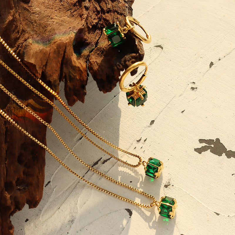 Titanium Steel Emerald Zircon Necklace Earrings Jewelry Set