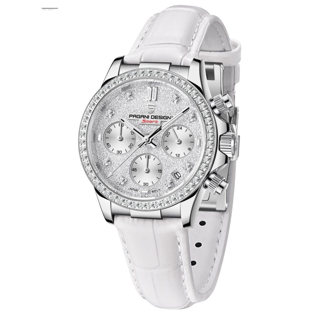 Women's Fashion Diamond Calendar Luminous Leather Strap Quartz Watch