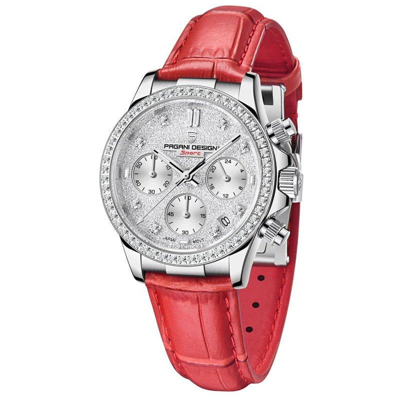 Women's Fashion Diamond Calendar Luminous Leather Strap Quartz Watch