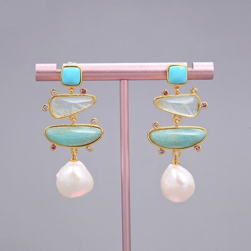 White Pearl Blue Turquoise Earrings