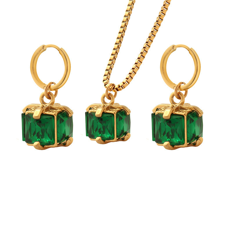 Titanium Steel Emerald Zircon Necklace Earrings Jewelry Set